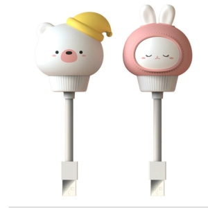 Luces de noche LED con enchufe USB con forma de conejo rosa a la derecha y de oso amarillo a la izquierda