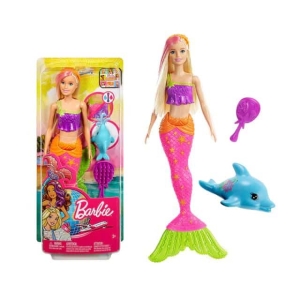 Sirena Barbie Dreamtopia para niñas, en una caja con un espejo y un pequeño delfín azul.