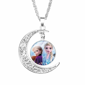 Collar de plata con colgante de luna y retrato de Elsa y Anna la Reina de las Nieves