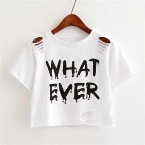 Camiseta crop top blanca de moda para niñas con estampado de letras