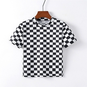 Camiseta de manga corta con estampado de rectángulos en blanco y negro para niñas