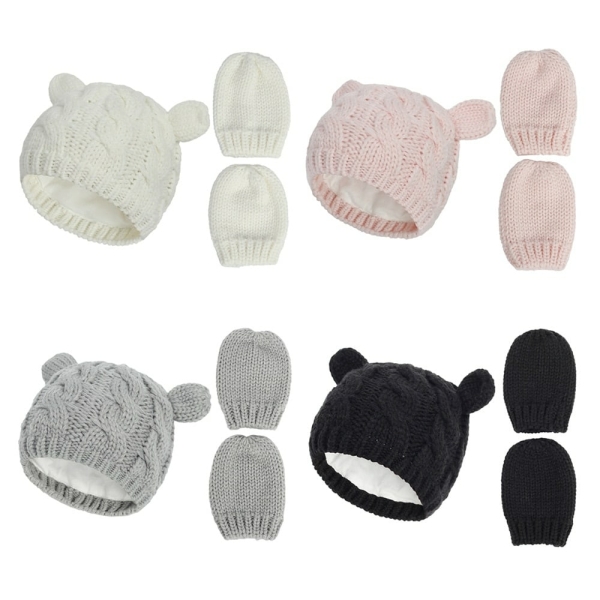 Gorro y manoplas de moda para niñas en negro, blanco, gris y rosa