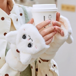Cálidos y suaves guantes blancos y marrones para niñas con motivos de gatos