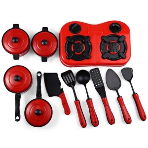 Juguete de cocina de 11 piezas para niñas, completo en negro y rojo.