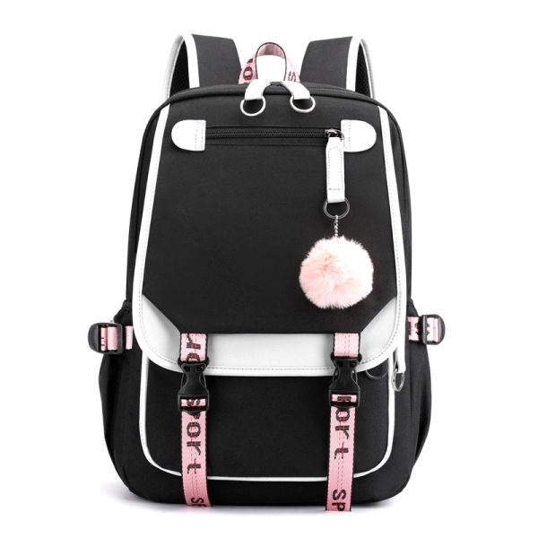 Mochila de moda negra, blanca y rosa con llavero para niñas