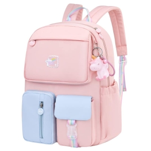Mochila escolar rosa y azul para niñas con llavero