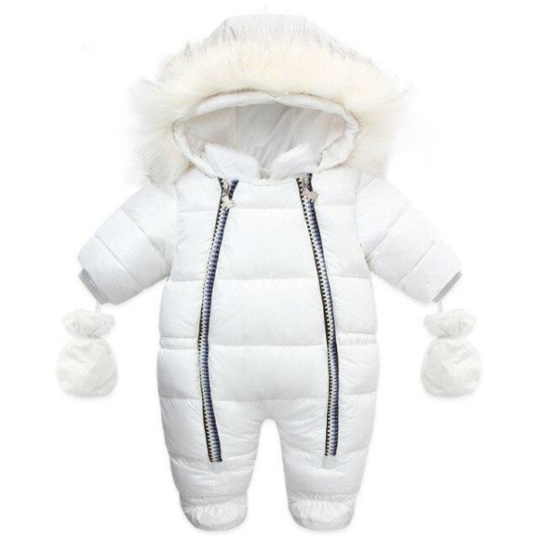 Mono blanco de manga larga con mitones y capucha de piel sintética