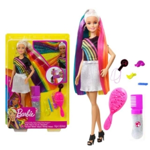 Muñeca niña estilo Barbie con pelo arco iris, lleva una falda blanca en una caja