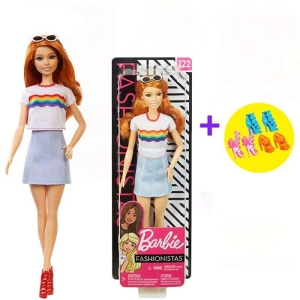 Elegante muñeca de estilo Barbie para niñas, con camiseta blanca y falda en una caja.