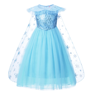 Vestido azul con capa de princesa Reina de las Nieves disfraz para niña con fondo blanco