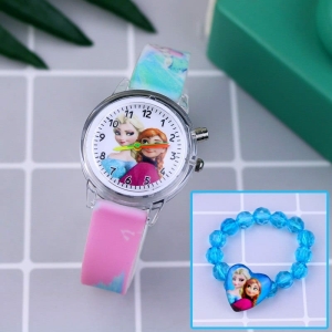 Reloj Snow Queen rosa con esfera redonda y correa de perlas azules