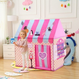 Tienda de campaña en forma de castillo de princesa multicolor para niñas con mesita de noche y niña en casita