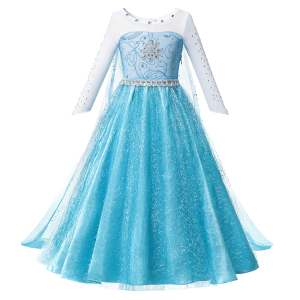 Vestido azul de princesa Reina de las Nieves con mangas largas y detalles de lentejuelas