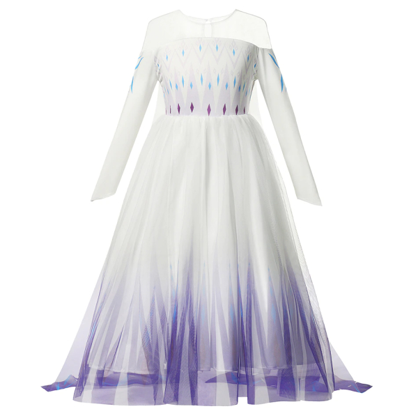 Elsa Frozen vestido de princesa blanco y morado para niñas con fondo blanco
