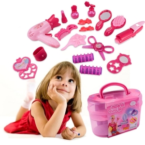 Set de peluquería de 17 piezas para niñas en estuche rosa.