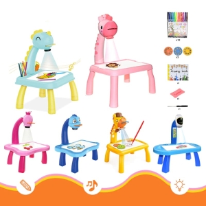 6 coloridas mesas de dibujo con focos, y a la derecha, accesorios vendidos con