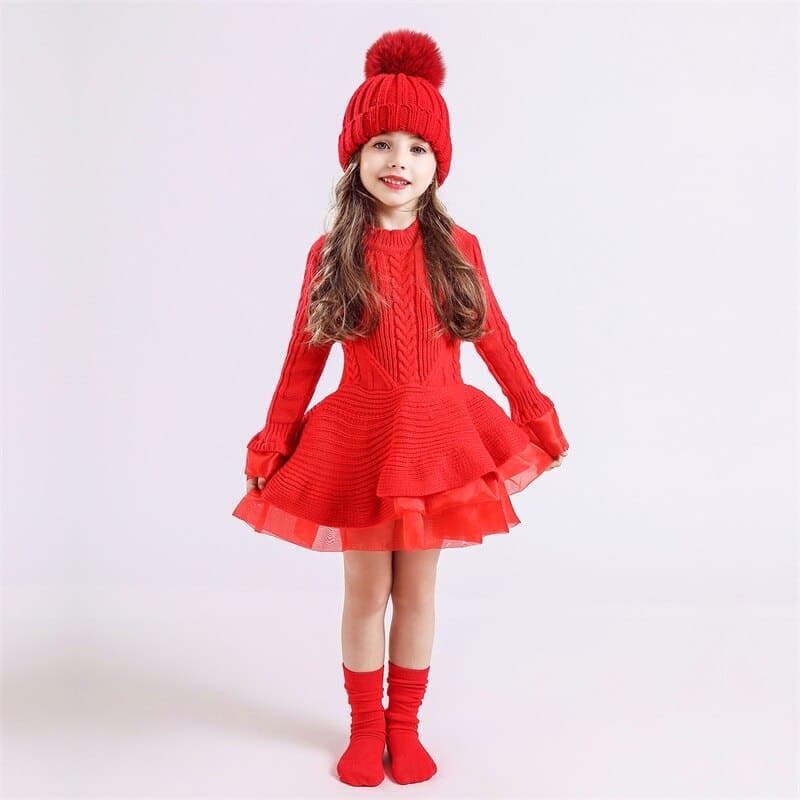 Vestido de invierno rojo de manga larga de moda para niñas