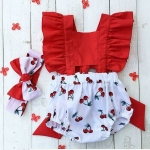 Mono corto con diadema para niña, parte superior roja y parte inferior blanca con motivo de cerezas