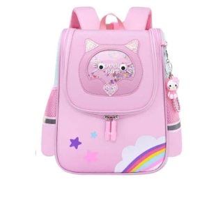 Mochila de gato rosa para niñas, con detalles de arco iris y estrellas