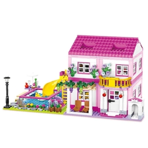 Juego de bloques de construcción para una casa de niña con jardín. Colores rosa, amarillo y azul