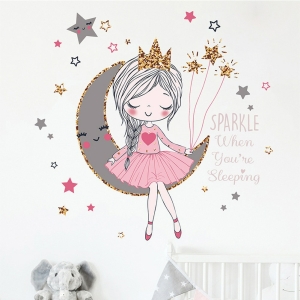 Adhesivo mural Princesa en la luna para niñas con fondo de guardería