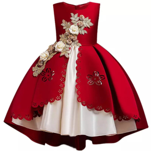 Vestido de princesa rojo y blanco con flores bordadas para niñas