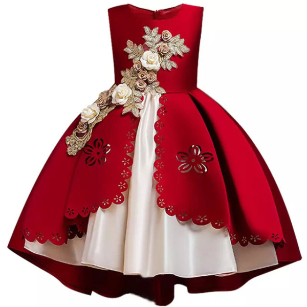 Vestido de princesa rojo y blanco con flores bordadas para niñas