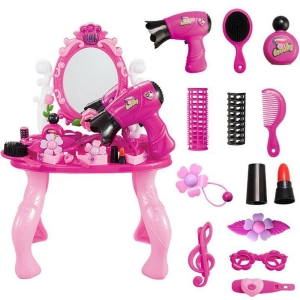 Tocador con espejo para niñas en varios tonos de rosa, con todos los accesorios expuestos y enumerados en el lado derecho