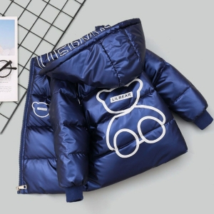 Chaqueta gruesa con capucha y simpático motivo de oso para niñas, azul