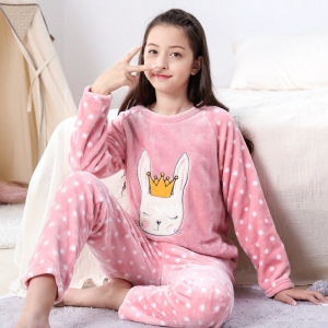 Cálido pijama de conejita con corona para niñas rosa de moda