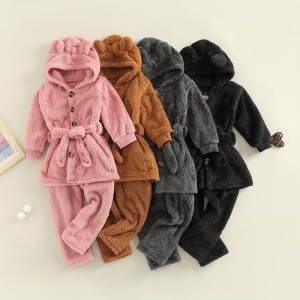 Pijama de forro polar con capucha, orejas de oso y cinturón para niñas en una gama de colores a la moda