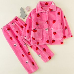 Pijama de vellón de fresa y simpático osito rosa para niñas a la moda