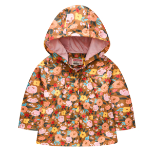 Chaqueta marrón con capucha y estampado floral para niña