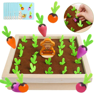 Juego Montessori de 24 zanahorias de madera para niñas con zanahorias y tarjetas con fondo blanco