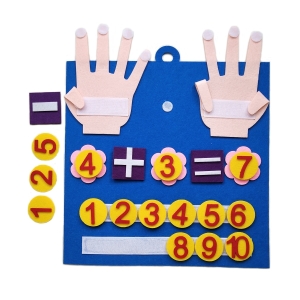 Tablero para aprender a contar con 2 manos para bajar los dedos, azul, 2 manos encima con signos más y menos con números rojos sobre fondo amarillo.