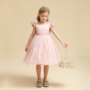 Una niña de pie con un vestido de tul rosa, el fondo es beige