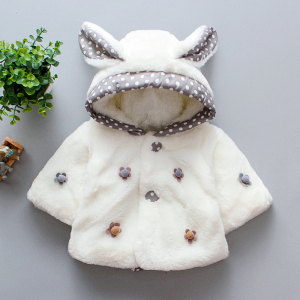 Suave abrigo blanco de manga larga para niña con orejas de conejo