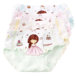 Juego de cuatro bragas de niña sobre fondo blanco, verde pastel, azul pastel, rosa pastel y amarillo pastel con motivo de princesa de pelo largo castaño y ojos cerrados con vestido de baile rosa y motivo de castillo más anotación de princesa