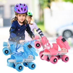 Patines azules y rosas ajustables para niñas con fondo dos niñas que patinan con fondo