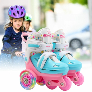 Patines en línea ajustables para niñas con el fondo de una niña patinando