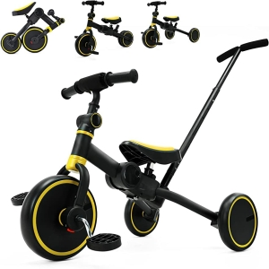 Triciclo negro y amarillo de perfil, con 3 miniaturas de este triciclo en diferentes posiciones encima