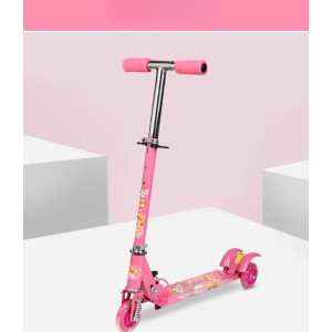 Patinete rosa ajustable de 3 ruedas para niñas con fondo rosa y bloques blancos