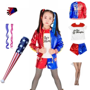 Disfraz de Monstruo del Escuadrón Harley Quinn para niña, azul, blanco y rojo con accesorios completos.