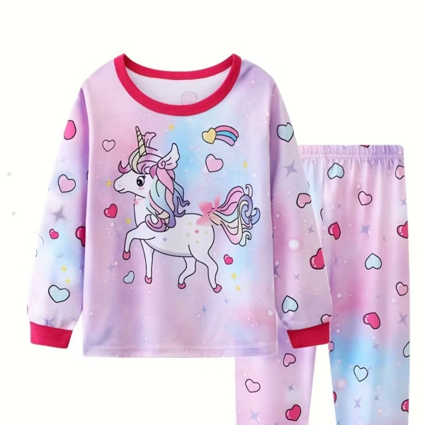 Pijama multicolor morado con motivo de corazón y unicornio, con camiseta de manga larga y pantalón