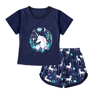 Pijama de unicornio azul oscuro con camiseta estampada y pantalón corto
