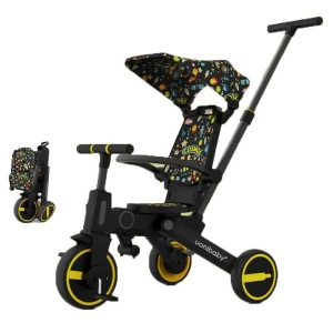 Triciclo negro impreso en amarillo de perfil, con una miniatura de este producto plegada a la izquierda