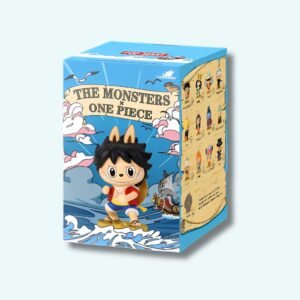 Caja azul con Luffy de One Piece dibujado en estilo Labubu en el frente, sobre un fondo azul neutro.