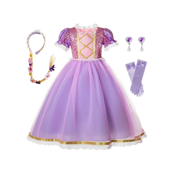 Déguisement pour fille inspiré de Raiponce comprenant une robe de princesse violette ornée de paillettes, des gants assortis, des boucles d'oreilles en forme de cœur et une tresse décorée de fleurs. Idéal pour les jeux de rôle et les occasions festives.