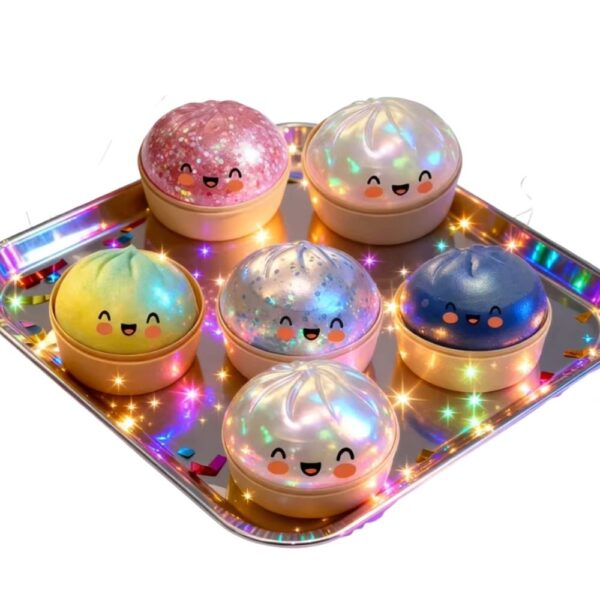 IMG_squishy_dumpling_collection_pailletee_kawaii_anti_stress_fille.jpg 6 squishy dumplings colorés disposés dans un plateau, avec des paillettes